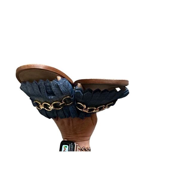 Kate Spade Kiltie Denim Leather Slide Sandals Gold Rings - Picture 9 of 10